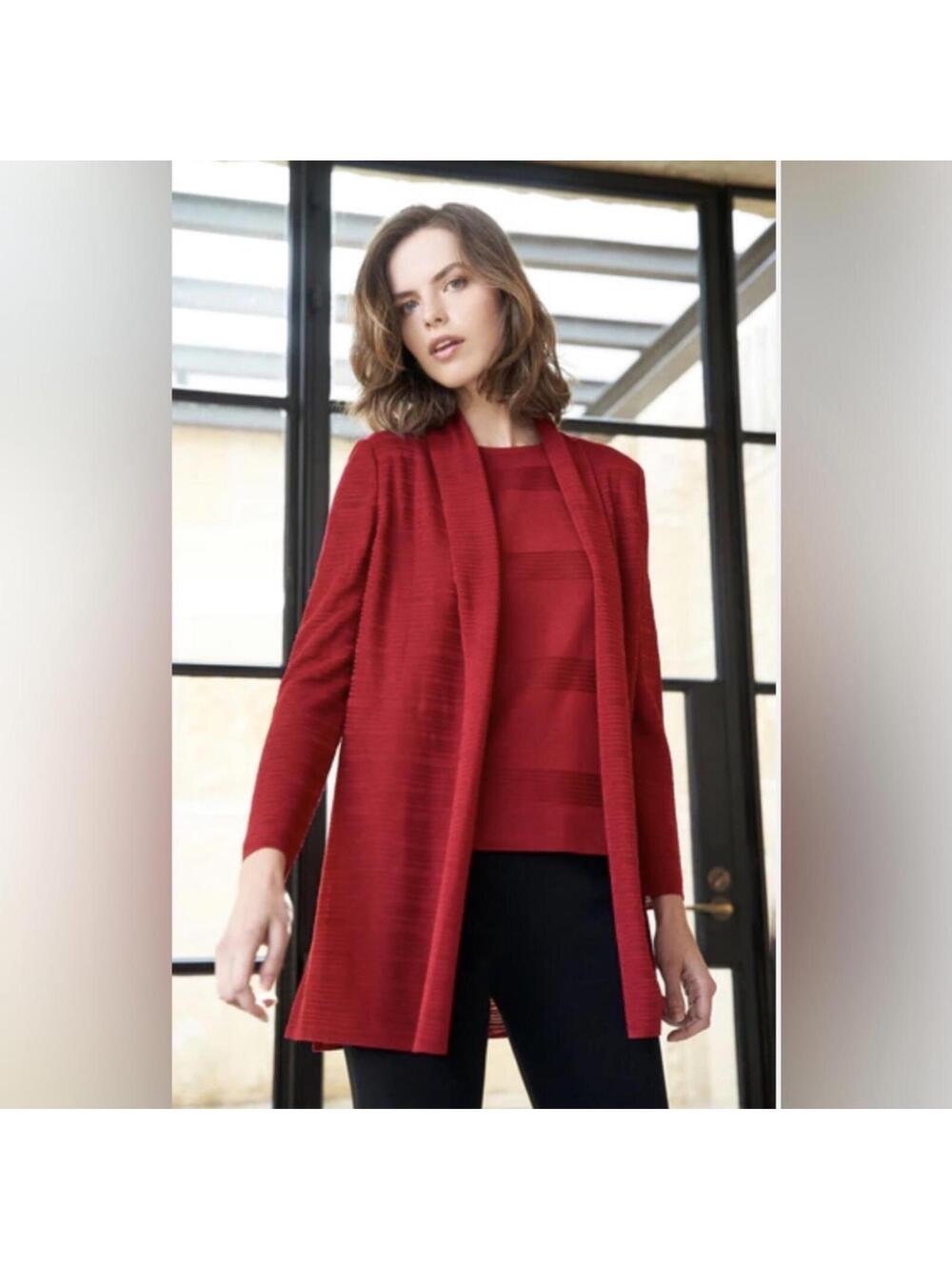 Ming Wang Red Ottoman Ribbed Knit Shawl Collar Long Sleeve Cardigan Size Large